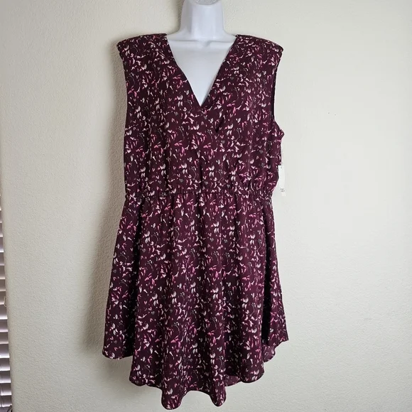 Bar III Burgundy Floral V-Neck Mini Dress XL Draped Skirt Sleeveless - Picture 3 of 15